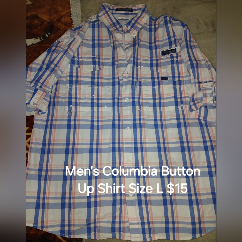 Columbia Men's Blue, White, and Orange Plaid Shirt
